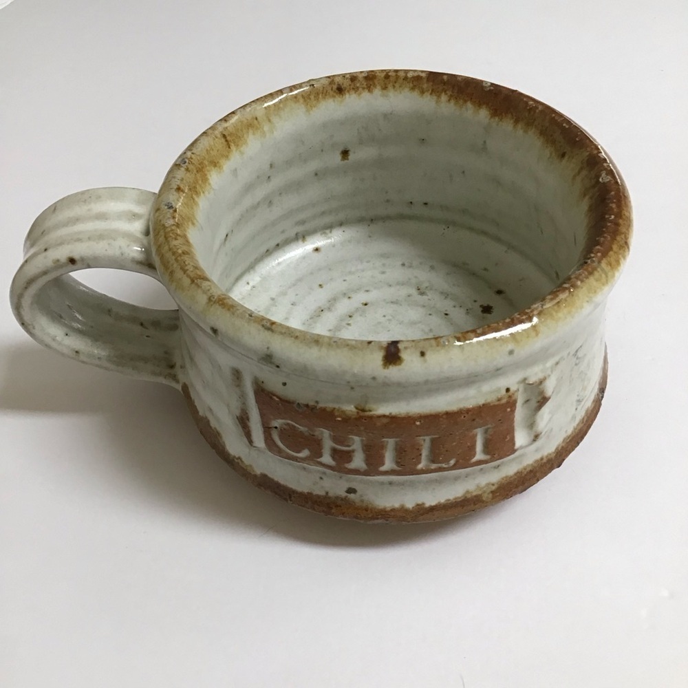 Handmade Studio Pottery Chili Bowl Handle Natural Speckled Glaze Rustic Cabin